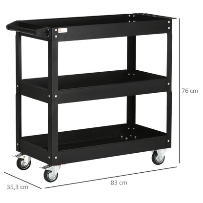 Werkplaatswagen – Gereedschapswagen – Werkbankwagen – Trolley – Opbergrek – Stalen 3-Planken Karren – Max. Belastbaar 150 Kg – Zwart Met Handvat Op Wielen 83x35,3x76 cm