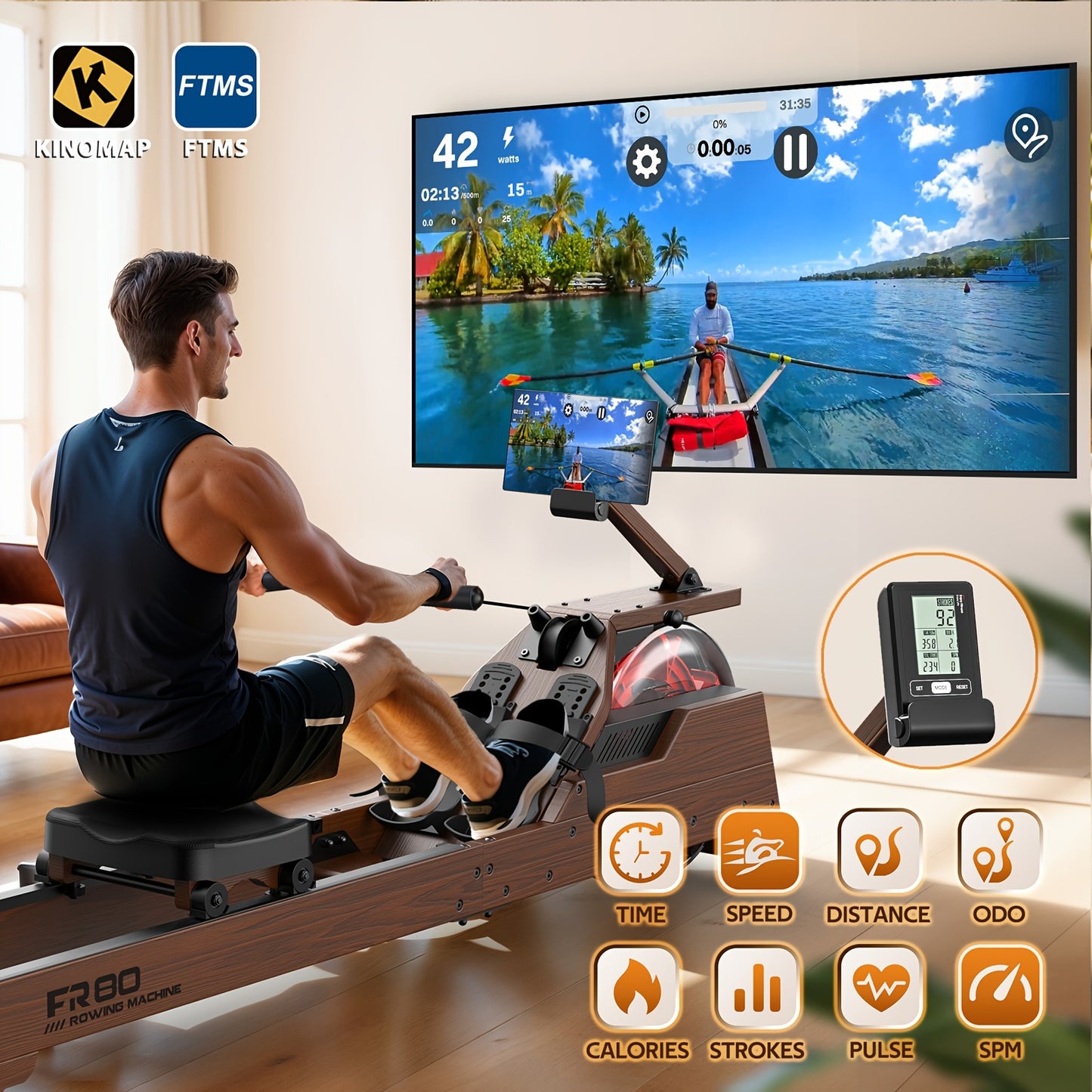 Houten Roeimachine – Waterroeier – Fitnessroeier – Home Gym Roeier – Indoor Roeimachine – 50% Meer Weerstand – Draadloze Monitor – Maximale Lengte 200 cm – Zonder Batterij