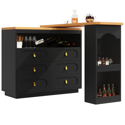 Extendable Bar Table with Swivel Function & Storage Drawers - Adjustable Length Modern Metal Space-Saving Design, Black Contemporary Style with Golden-Toned Legs for Kitchen, Living Room, Dining Room, Home Office - Easy Assem