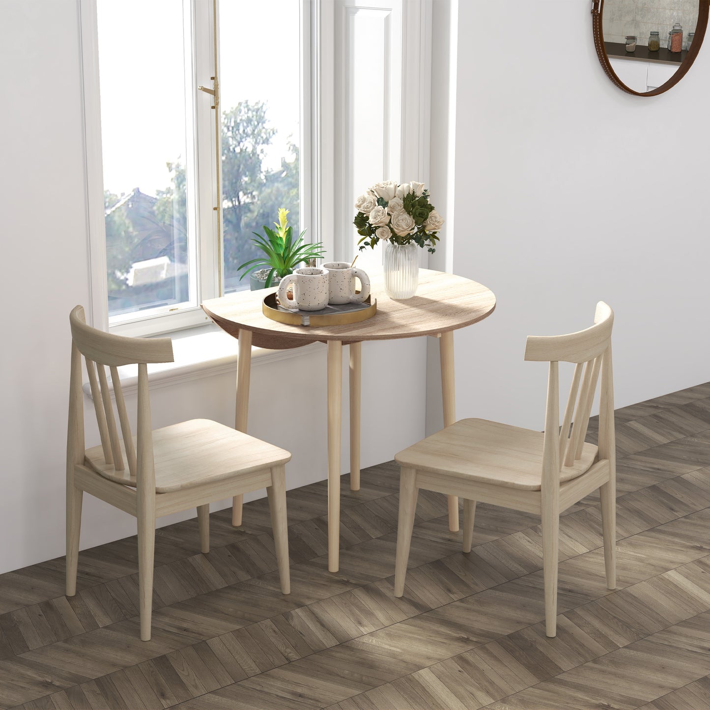Eettafel – Uitschuifbare Tafel – Klaptafel – Ronde Tafel – Keukentafel – Ruimtebesparend Ontwerp – MDF Met Houten Poot – Ø 89 x 73,5 cm