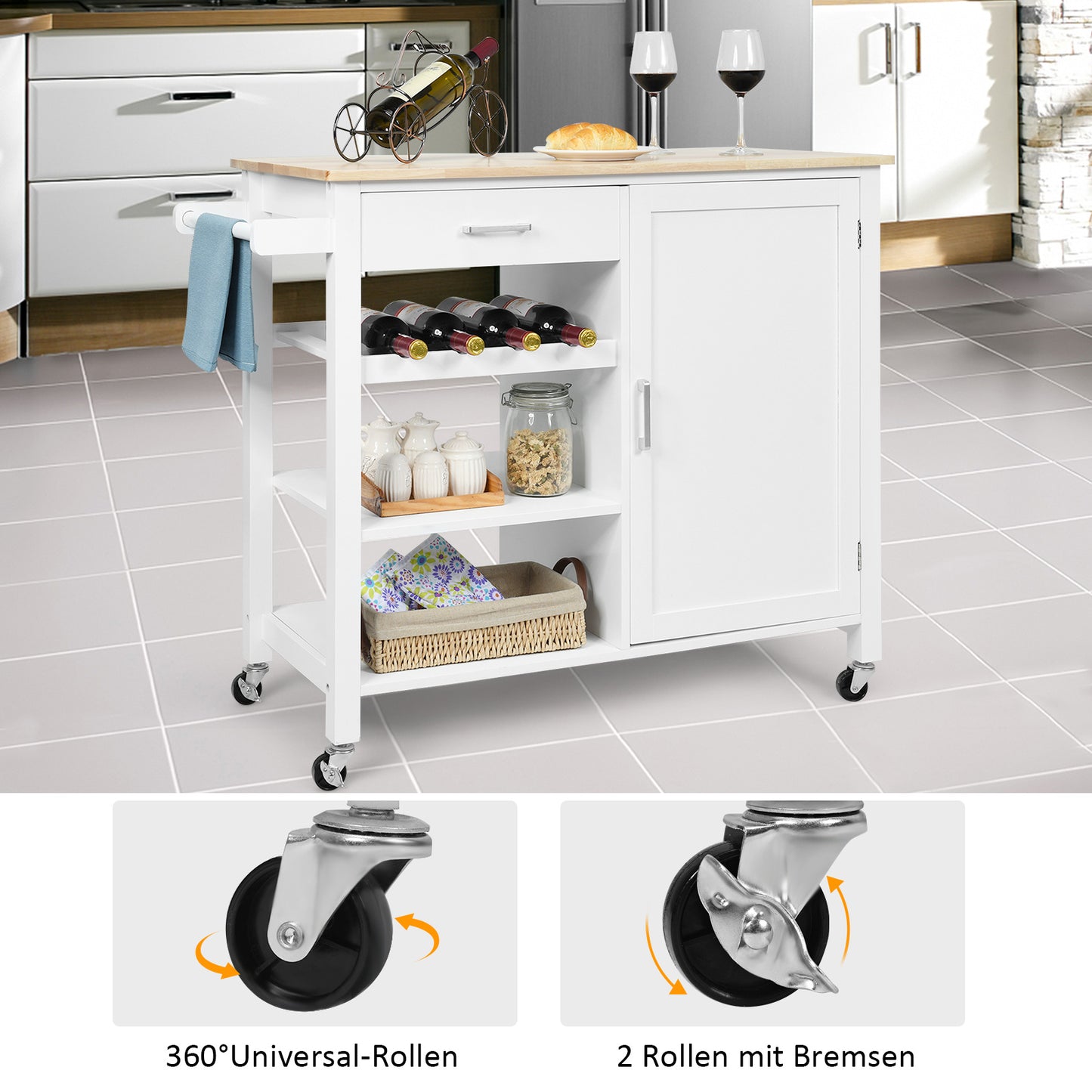 Kunststof Keukentrolley – Keukenwagen – Serveerwagen – Keukeneiland – Rolwagen – Met Wijnrek & Handdoekhouder – Robuust Houten Werkblad – Wielen Met Rem
