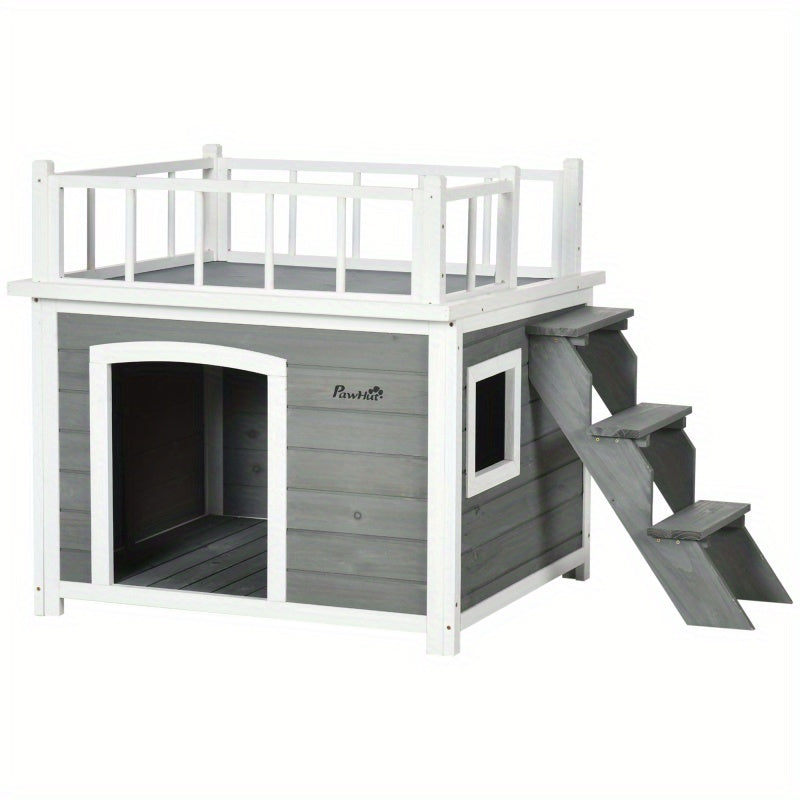 Hondenhok – Hondenhuis – Hondenmand – Hondenverblijf – Huisdierhut – Met Balkon en Trap – Waterbestendig Vurenhout – Ruime Ventilatie – Lichtgrijs
