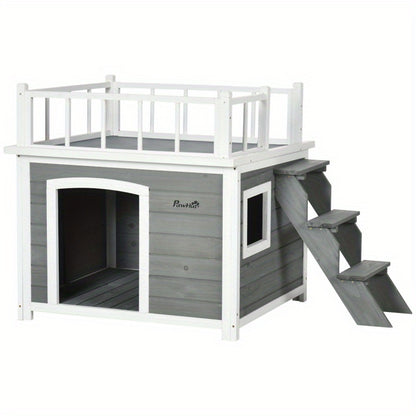 Hondenhok – Hondenhuis – Hondenmand – Hondenverblijf – Huisdierhut – Met Balkon en Trap – Waterbestendig Vurenhout – Ruime Ventilatie – Lichtgrijs