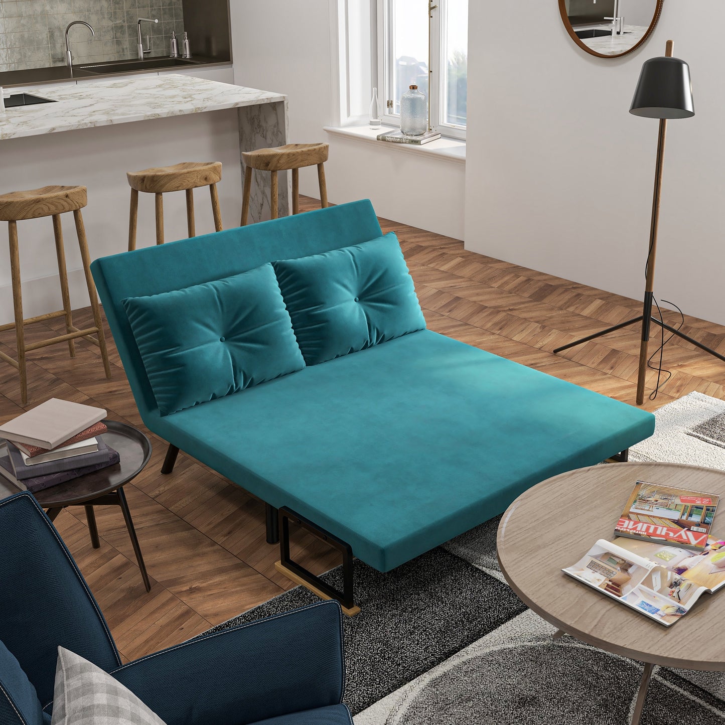 Slaapbank – Bedbank – Logeerbed – Zetelbed – Slaapstoel – 2-Zits Donkerblauw – Verstelbare Rugleuning 5 Standen – Fluwelen Polyester Bekleding