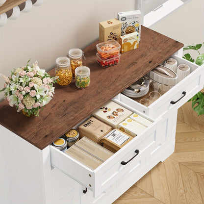 Sideboard – Dressoir – Buffetkast – Opbergkast – Wit/Bruin – 120x40x87 cm – 2 Lades & 4 Deuren – Houtlook Spaanplaat