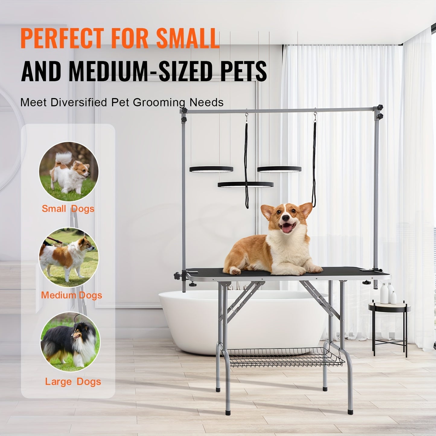 Trimtafel Hond – Trimbank Honden – Hondenverzorgingstafel – Grooming Tafel – Opvouwbare Verzorgingstafel – Dubbele Armen – Met Opbergrek – Stevig Metalen Frame – Roestvrijstalen Afwerking