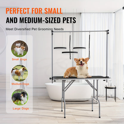 Trimtafel Hond – Trimbank Honden – Hondenverzorgingstafel – Grooming Tafel – Opvouwbare Verzorgingstafel – Dubbele Armen – Met Opbergrek – Stevig Metalen Frame – Roestvrijstalen Afwerking