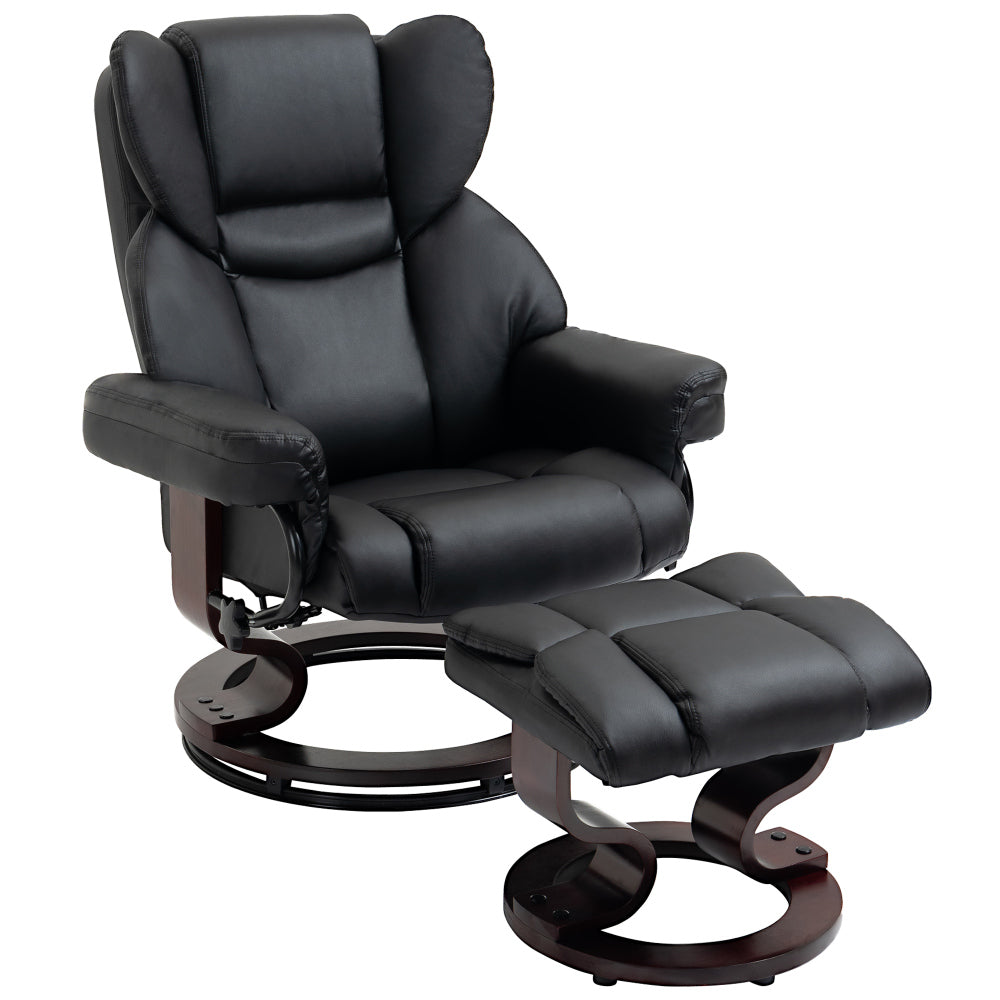 Relaxstoel – Fauteuil – Kuipstoel – Loungechair – Draaistoel – 360° Draaibaar – Handmatig Verstelbare Rugleuning tot 145° – Zwart Kunstleer met Voetsteun – Stevige Metalen Basis