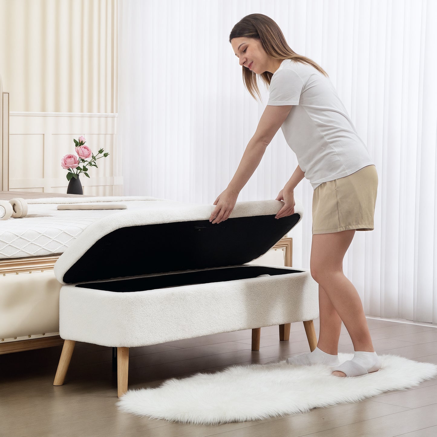 Opbergpoef – Opbergbank – Voetenbank – Zitzak – Opberghocker – Creme – 65 Liter Inhoud – Fluweelachtige Fleece Bekleding