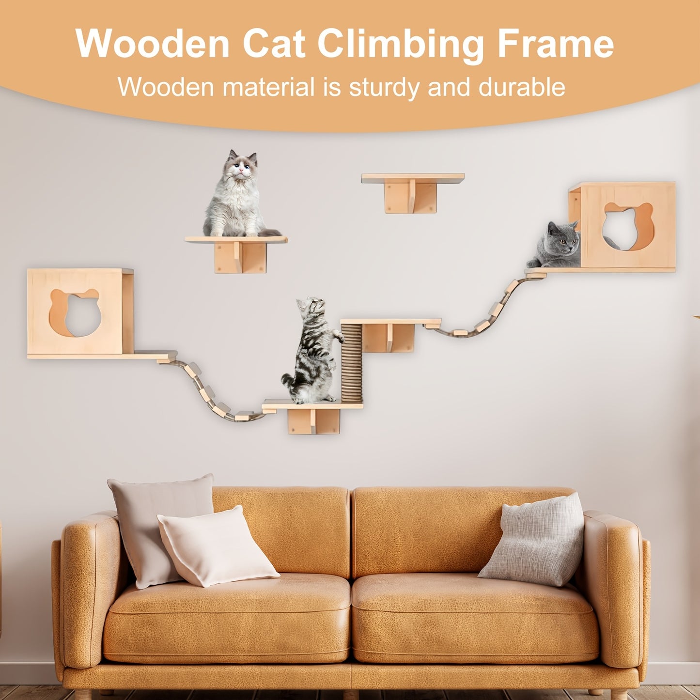 Klimwand Kat – Katten Klimmuur – Krabpaal – Kattenwand – Kattenmeubel – Super Groot 250 cm – 9-delige Set Met Kattenhuis, Krabplank en Hangbrug – Massief Hout en Duurzaam Materiaal
