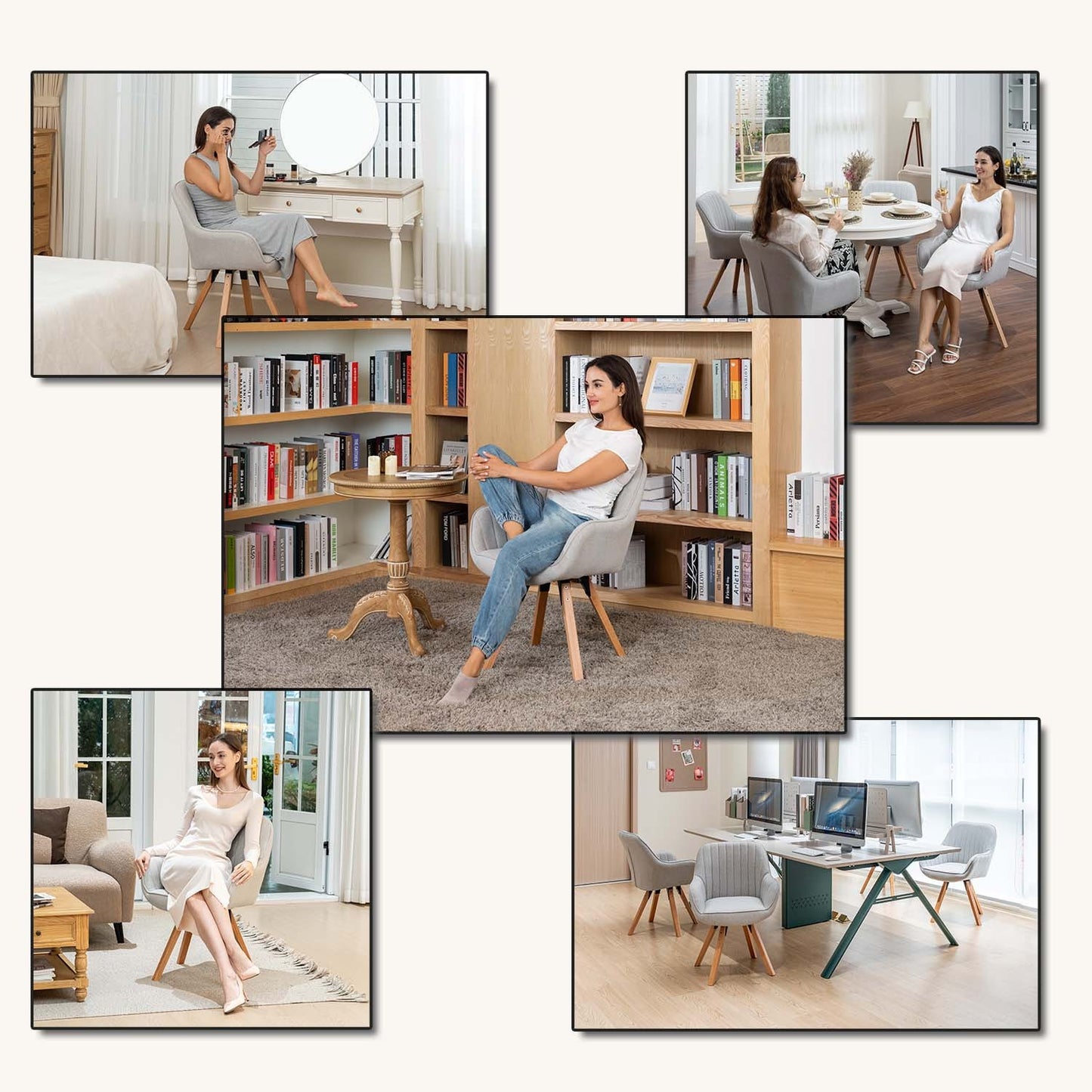 Draaistoel – Eetkamerstoel – Bureaustoel – Make-upstoel – Rotatiestoel – Beige – 360° Draaibaar – Massief Houten Poten