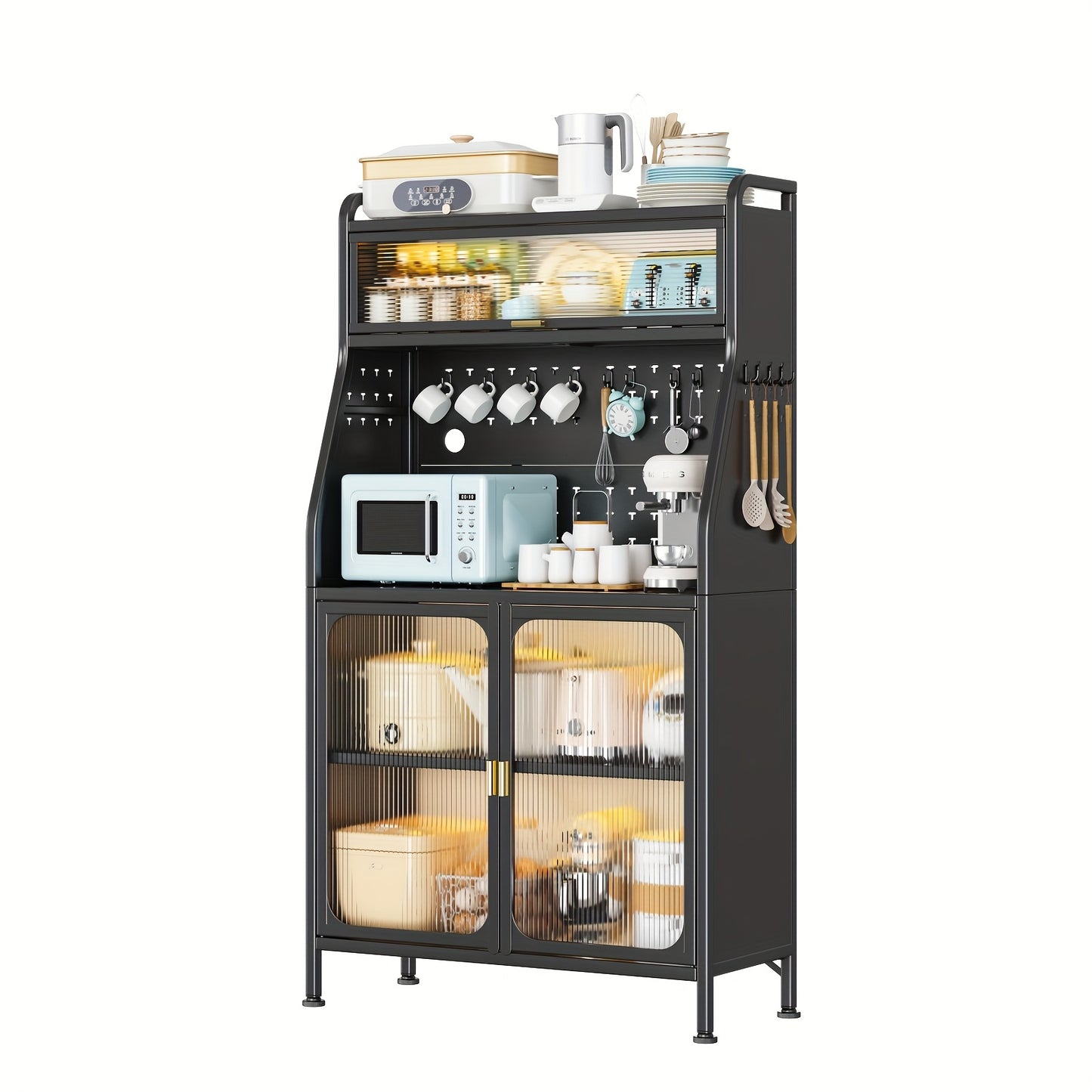 Keukenopslag – Keukenkast – Buffetkast – Opbergmeubel – Magnetronkast – Zwart Gietijzer – Verstelbare Planken – Pegboard Organizer