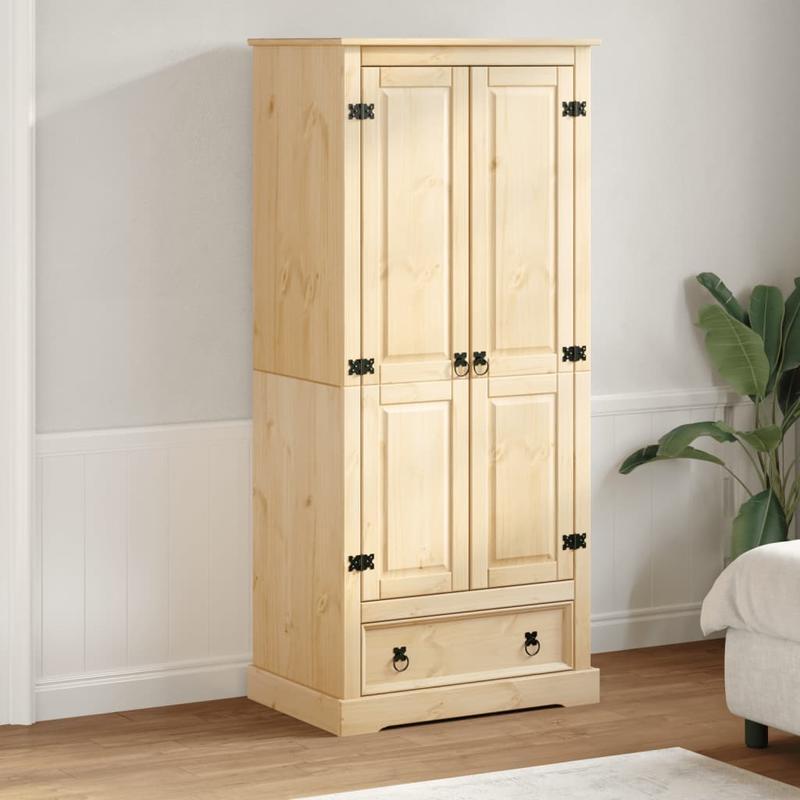 Houten Kledingkast – Vrijstaande Kast – Garderobekast – Opbergkast – Kledingopberger – Massief Dennenhout – Compact Formaat – 2 Planken & Hangroede – Natuurlijke Bruintint