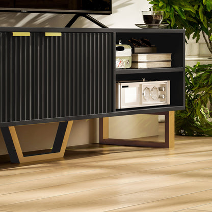Tv-kast – Meubel voor tv – Mediakast – Tv-meubel – Houten tv-meubel – Mat zwart met gouden accenten – Geschikt voor tv’s tot 70 inch – Ruime opbergruimte met kabeldoorvoer