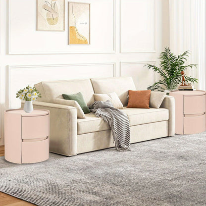 Ronde Nachtkast – Nachtkastje – Bedside Table – Dressoir – Bijzettafel – Oranje Zadelleren Bovenblad – Massief Hout – 2 Laden – Compact 45x45x50 cm