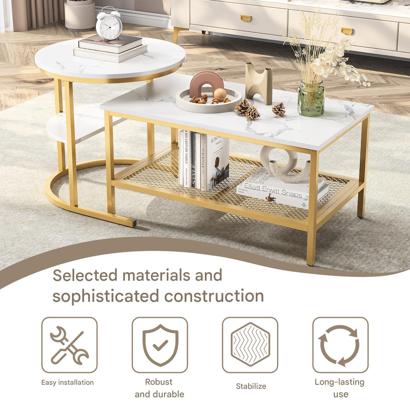 2-in-1 Salontafel Set – Woonkamertafel – Bijzettafel – Koffietafel – Ronde Tafel – Goud Metalen Frame – Kunstmarmeren Blad – Extra Opbergruimte