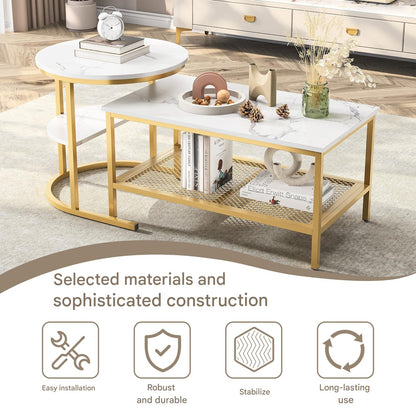 2-in-1 Salontafel Set – Woonkamertafel – Bijzettafel – Koffietafel – Ronde Tafel – Goud Metalen Frame – Kunstmarmeren Blad – Extra Opbergruimte