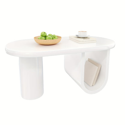 Contemporary White Oval Coffee Table Featuring a Minimalist Design, Sturdy U-Shaped Legs, Low-Maintenance Surface, Perfect for The Living Room, Ample Storage Capacity, Measurements: 98.5 X 53.5 X 42 Cm.