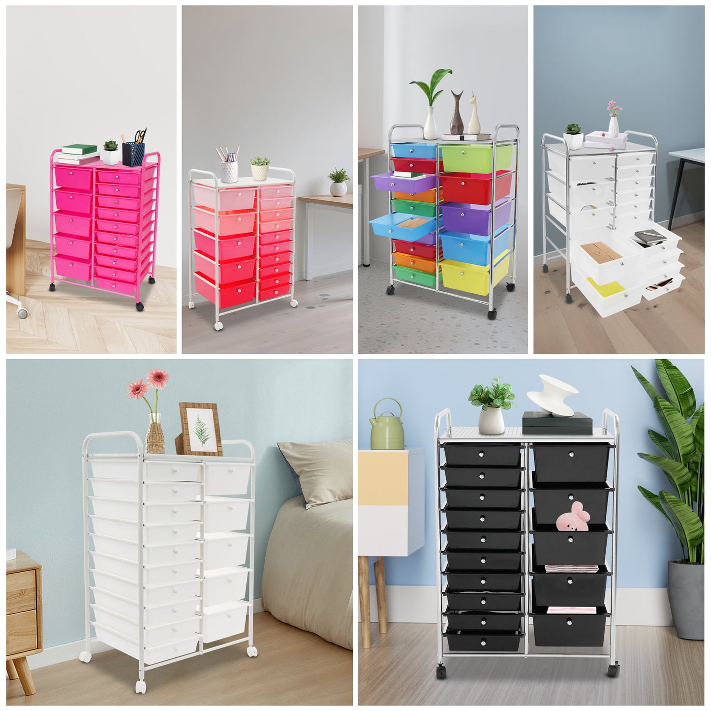 Opbergwagen – Rollende Ladenkast – Mobiele Opbergkast – Organizer Met Lade – Opberger Met Wielen – Rosé Rood – 15 Lades – Stevig Metalen Frame – Mobiel Met Remmen