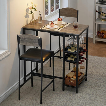 Bartafel – Statafel – Barset – Eettafel – Hoge Tafel – Retro Bruin – Met Wijnrek & Opbergrek – MDF Houten Blad Met Metalen Frame