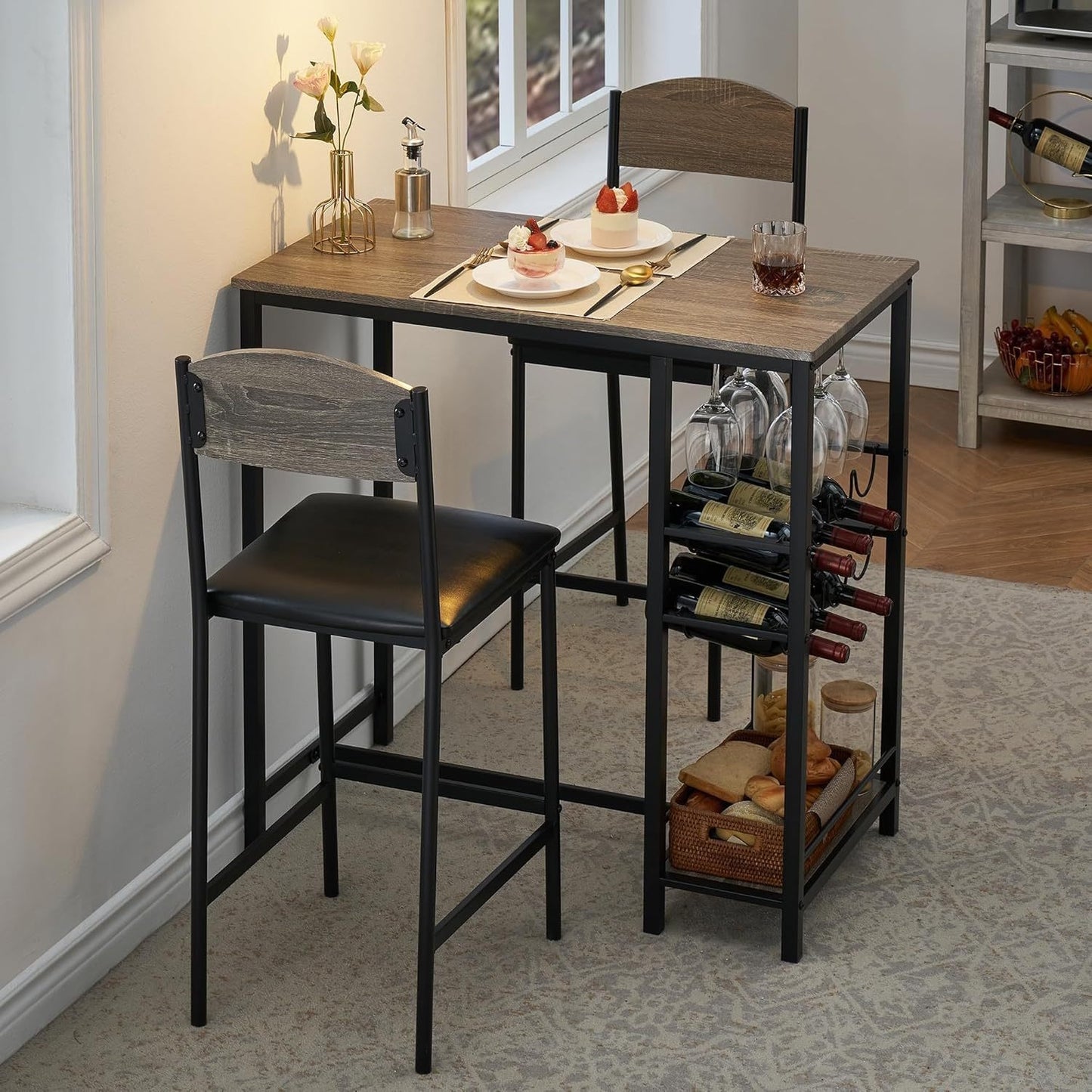 Barset – Bartafel – Barkrukken – Eettafel – Bistroset – 2-Persoons – MDF Met Metalen Frame – Inclusief Wijnrek En Opberglade – Compact Ruimtebesparend Design