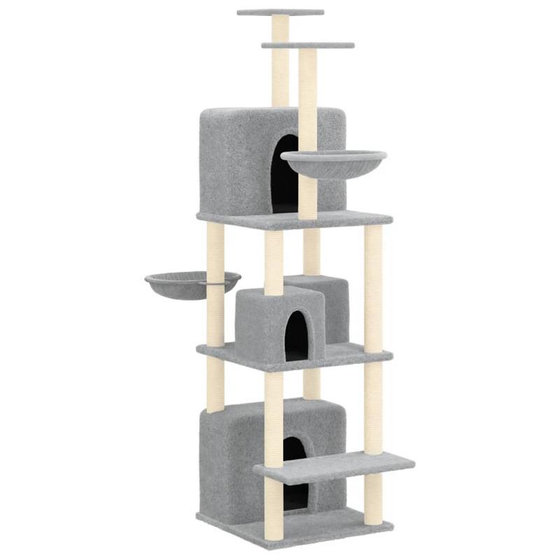Krabpaal – Kattenklimrek – Kattenboom – Krabmeubel – Kattenhuis – Lichtgrijs – 180 cm Hoog – Duurzaam Plywood Met Sisal