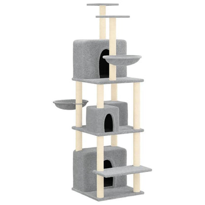 Krabpaal – Kattenklimrek – Kattenboom – Krabmeubel – Kattenhuis – Lichtgrijs – 180 cm Hoog – Duurzaam Plywood Met Sisal