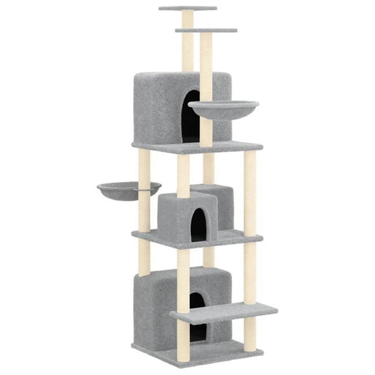 Krabpaal – Kattenklimrek – Kattenboom – Krabmeubel – Kattenhuis – Lichtgrijs – 180 cm Hoog – Duurzaam Plywood Met Sisal