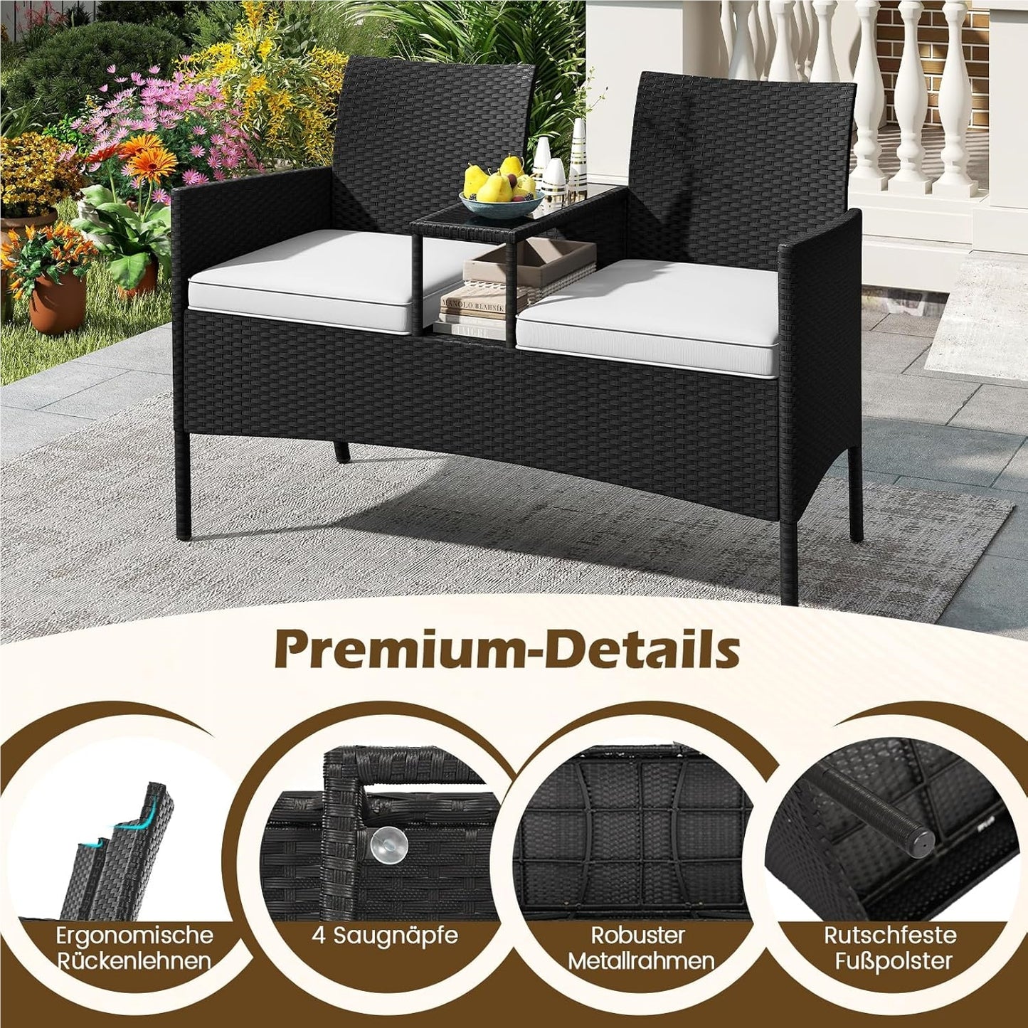 Tuinbank – Loungeset – Bistroset – Tuinmeubilair – Balkonmeubel – Tweezits Met Tafel – Weerbestendig PE-Rattan – Gehard Glas Tafelblad
