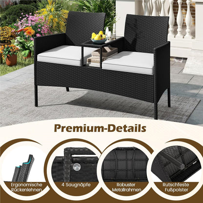 Tuinbank – Loungeset – Bistroset – Tuinmeubilair – Balkonmeubel – Tweezits Met Tafel – Weerbestendig PE-Rattan – Gehard Glas Tafelblad