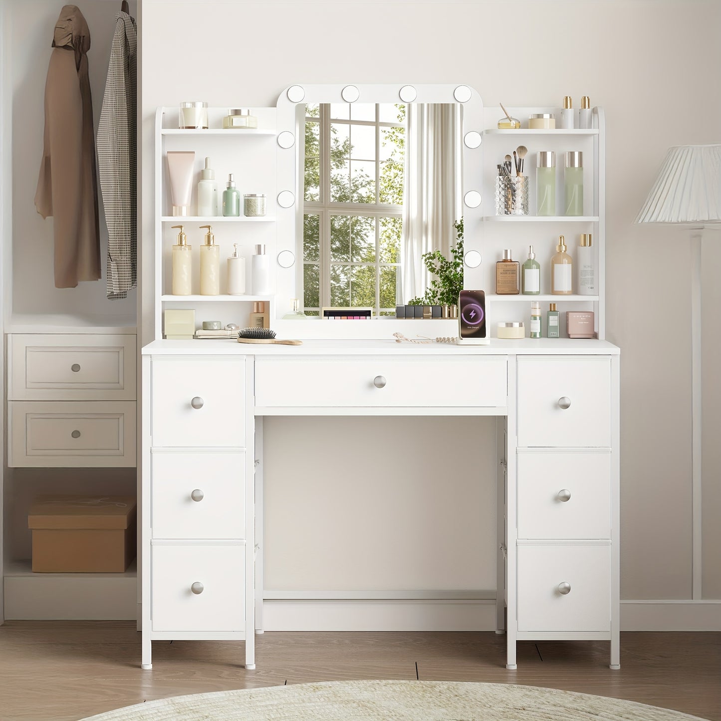 Kaptafel – Toillet – Make-up Tafel – Sieradentafel – Visagie Tafel – LED-Verlichting – Grote HD-Spiegel – 7 Lades – 6 Opbergvakken – Wit – Sieradencabinet