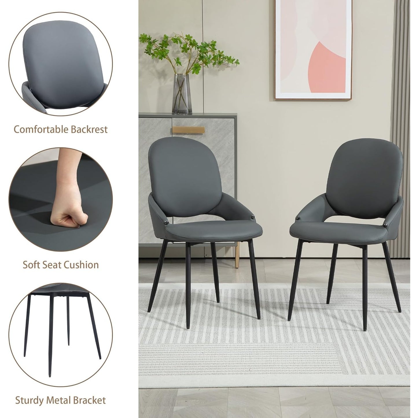 Bezoekersstoel – Wachtkamerstoel – Vergaderstoel – Eetkamerstoel – Receptionstoel – PU-leer Bekleding – Metalen Frame – Verwijderbare Rugleuning – Set van 2 – Donkergrijs