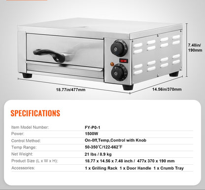 Pizzaoven – Elektrische Oven – Pizzamaker – Tafeloven – Gourmetoven – 12 Inch – 1500W Vermogen – Instelbare Temperatuur en Timer