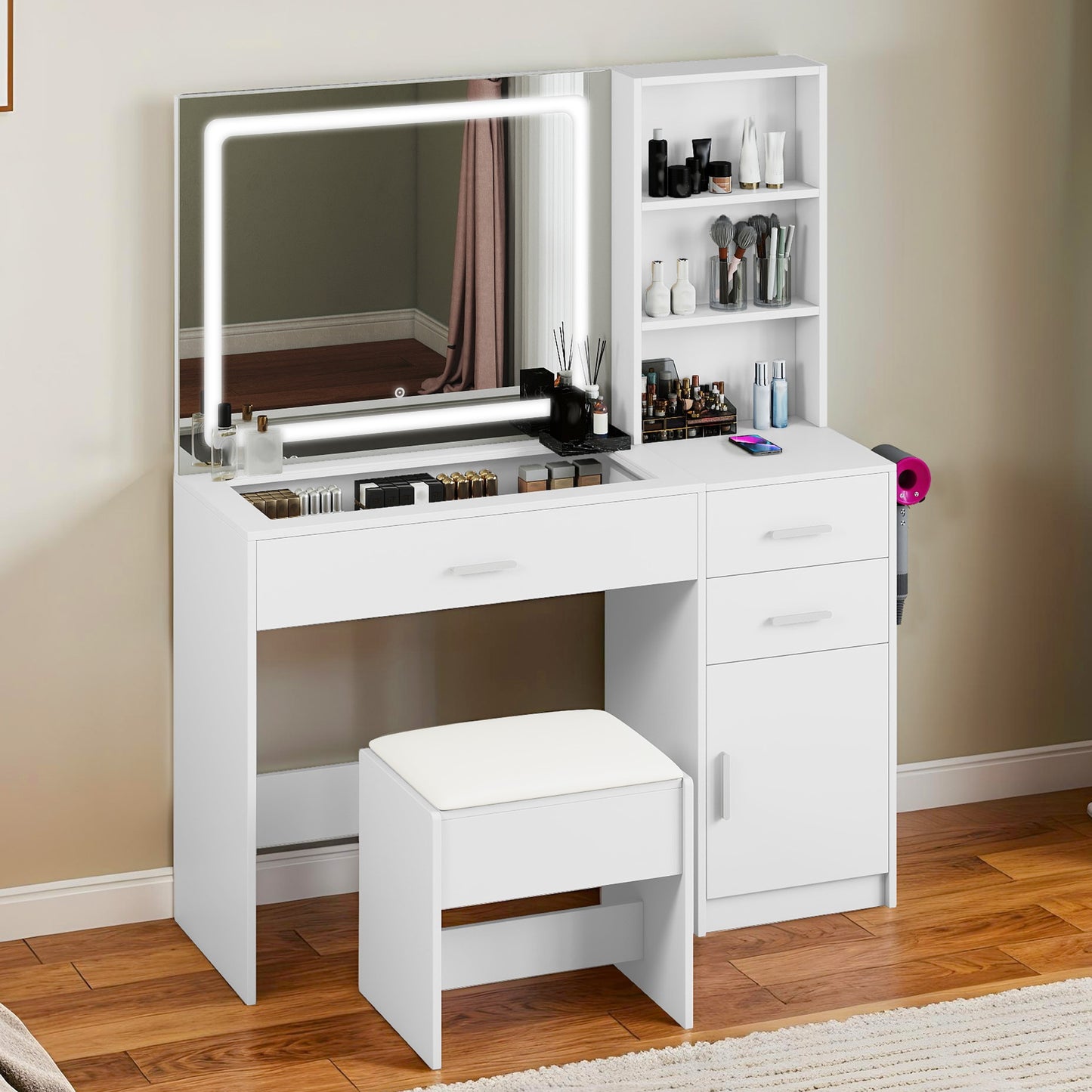 Kaptafel – Make-up Tafel – Cosmeticatafel – Opmaktafel – Meubel – LED Spiegel – 4 Lades – Ingebouwd Stopcontact – Wit – Moderne Stijl