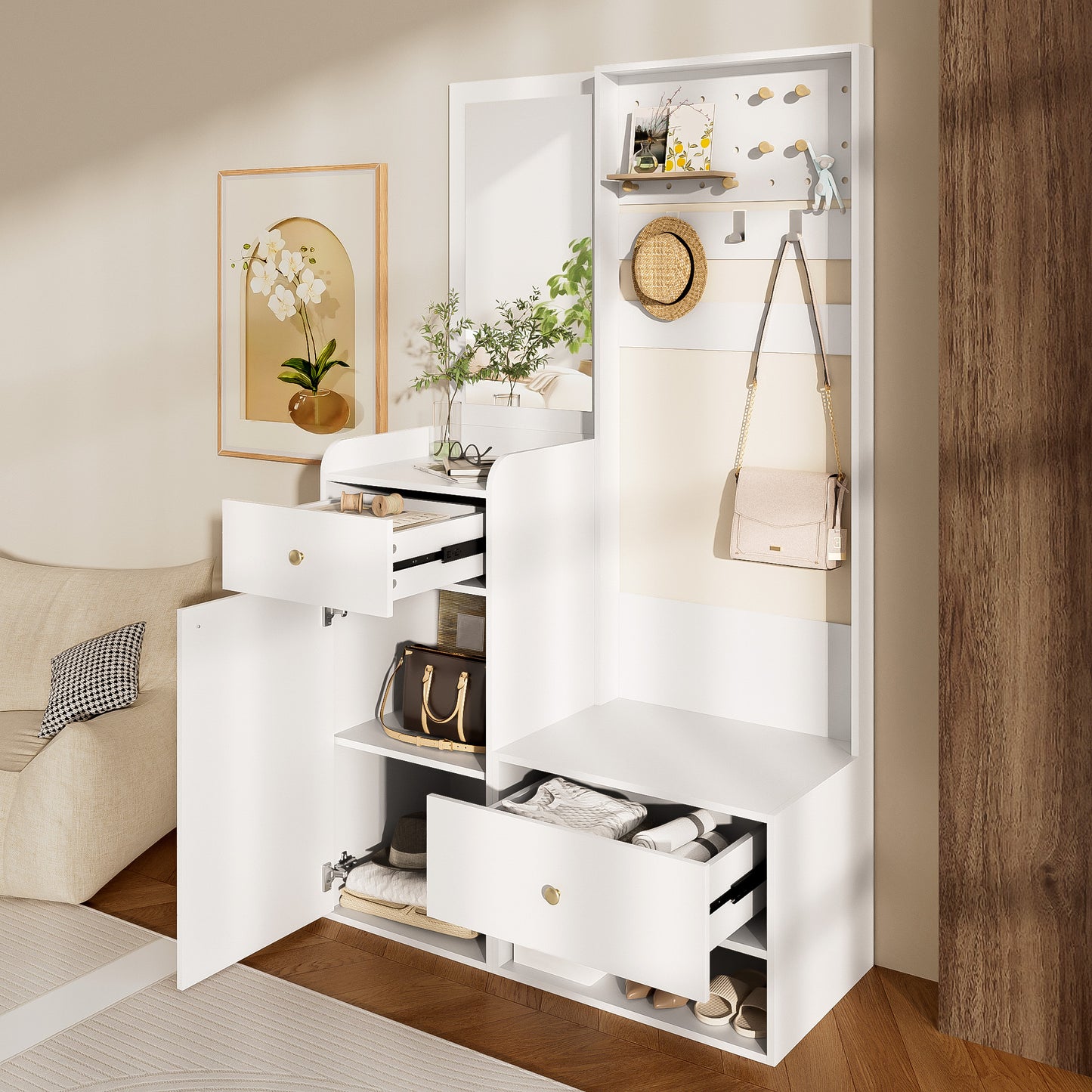Compact Halmeubel – Hal Kast – Entree Meubel – Schoenenrek – Kapstok – Met Spiegel & Verstelbare Haken – Modern Houtlook 105x38x180 cm