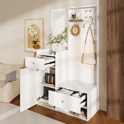 Compact Halmeubel – Hal Kast – Entree Meubel – Schoenenrek – Kapstok – Met Spiegel & Verstelbare Haken – Modern Houtlook 105x38x180 cm