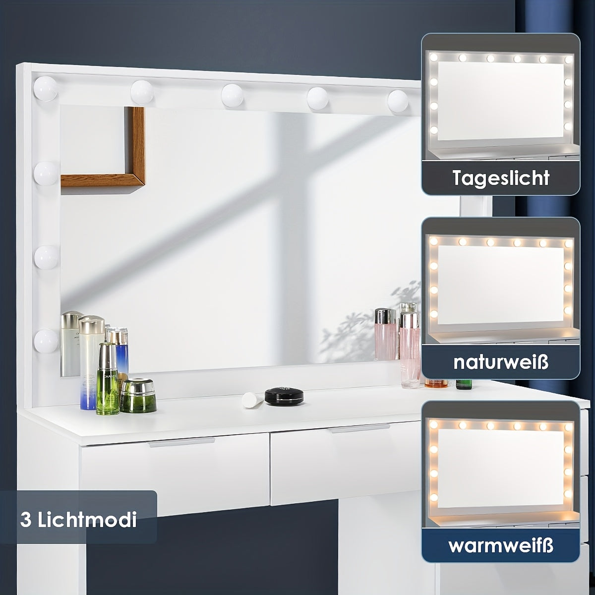 White Vanity Desk with a Mirror And Stool, Featuring Drawers And Modern Design, Equipped with 12 Adjustable LED Lights for Brightness Control.