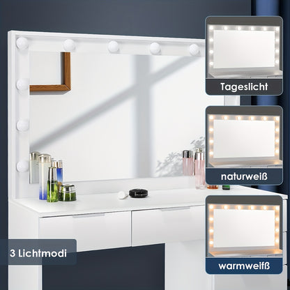White Vanity Desk with a Mirror And Stool, Featuring Drawers And Modern Design, Equipped with 12 Adjustable LED Lights for Brightness Control.