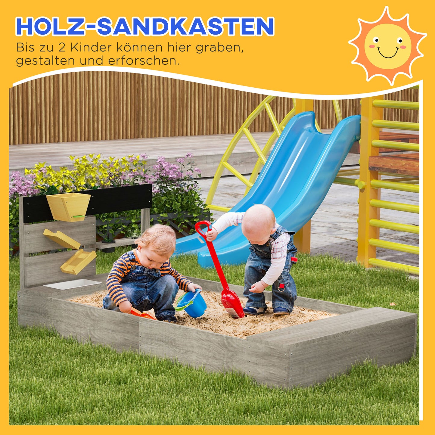 Zandbak – Zandtafel – Speelbak – Kinderen Zandspeelplek – Plantenbakken – Waterstation – Duurzaam Behandeld Hout – 154 x 80 x 60 cm – Weerbestendig Grijs