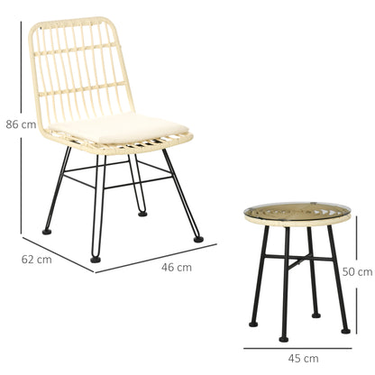 Bistro Tuinset 2 Personen – Tuinmeubel Set – Balkon Set – Terras Meubilair – 3-Delig Creme – Weerbestendig PE-Rattan – Gehard Glas Tafelblad