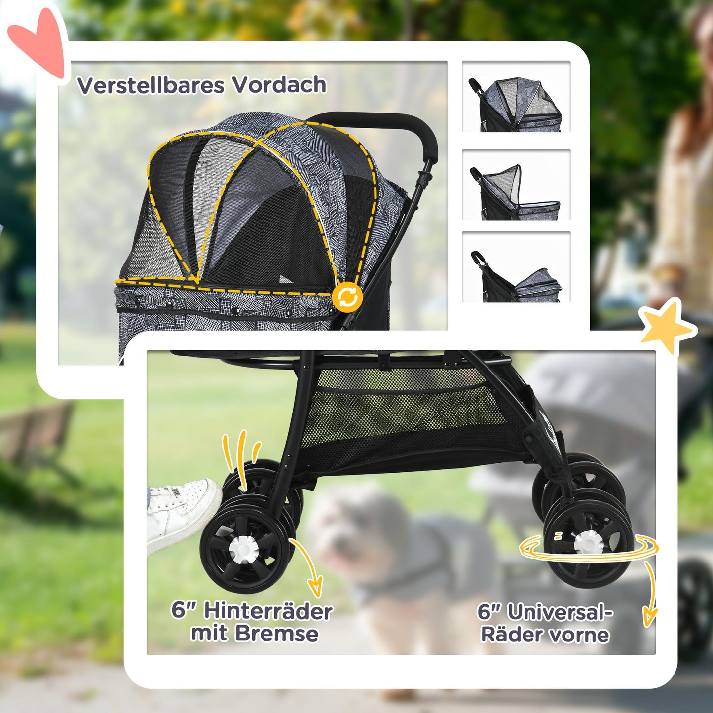 Hondenwagen – Hondenbuggy – Dierenwagen – Huisdierwagen – Hondenkar – Inklapbaar Ontwerp – Comfortabel Zitkussen – Stevig IJzeren Frame – Ventilerende Mesh Ramen – Grijs/Zwart Oxford