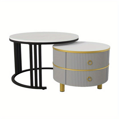 Bijzettafel – Salontafel – Nachttafel – Tafeltje – Lounge Tafel – Grijs met Wit Marmeren Blad – Set van 2 Met Laden – Nestbaar – 70x70x46 & 50x50x40 cm