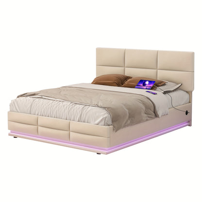 Bedframe – Bed – Bedbodem – Platformbed – Opbergbed – Beige – 140x200 cm – Hydraulisch Systeem – Zachte Huidvriendelijke Stof