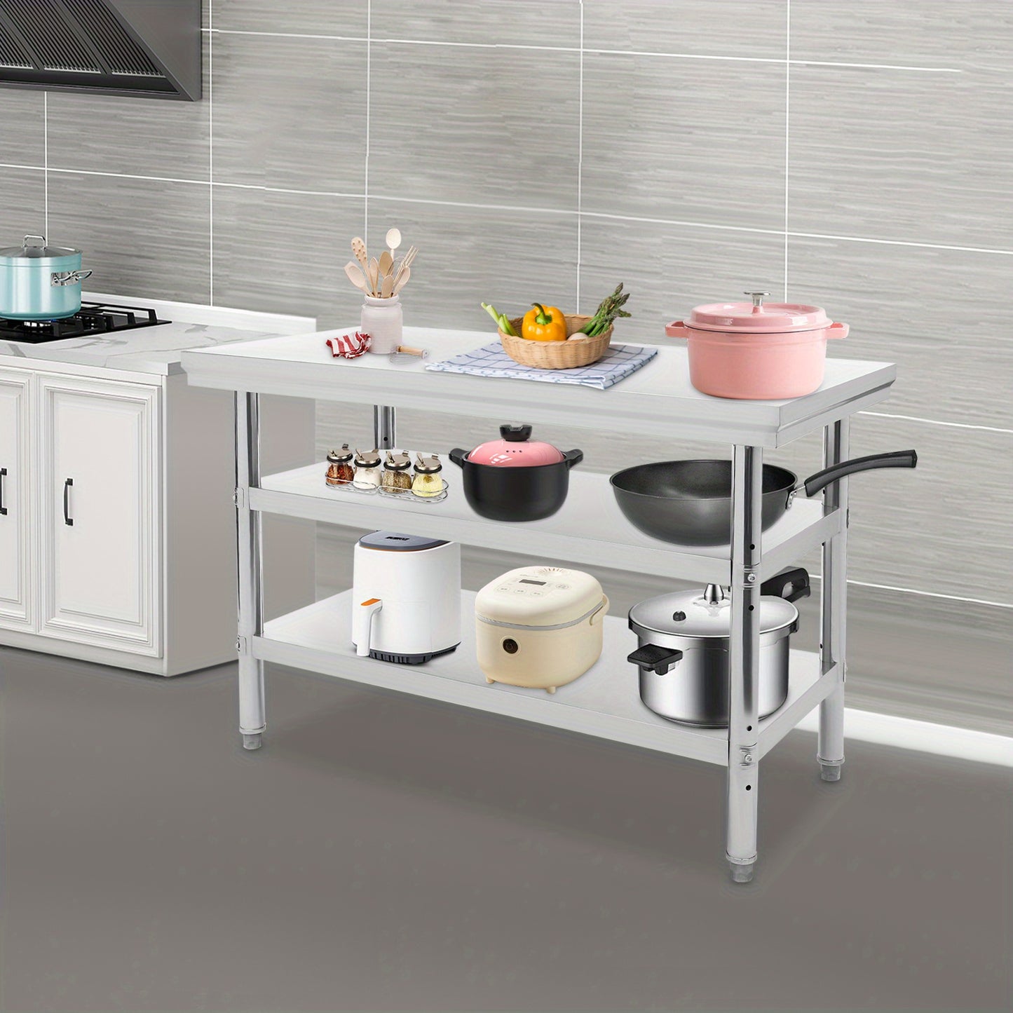 RVS Werkbank – Werktafel – Werkstation – Werkruimte – Werkoppervlak – 3 Lagen – 120x60 cm – Roestvast Staal – Verstelbare Voeten – 100 kg Draagvermogen