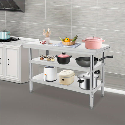 RVS Werkbank – Werktafel – Werkstation – Werkruimte – Werkoppervlak – 3 Lagen – 120x60 cm – Roestvast Staal – Verstelbare Voeten – 100 kg Draagvermogen