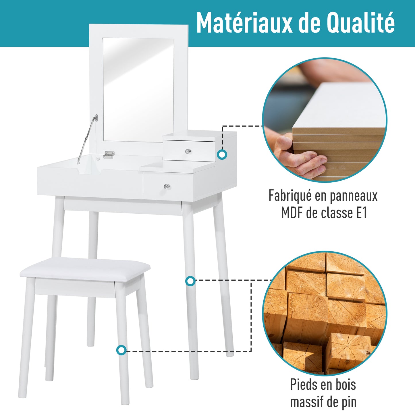 Make-uptafel – Make-uptafel – Kaptafel – Schminktisch – Toillet tafel – Wit MDF – Inklapbare Spiegel – Inclusief Krukje – Opbergruimte