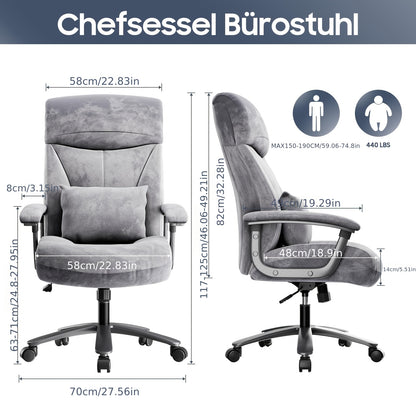 Ergonomische Bureaustoel – Bureaustoel – Werkstoel – Computerstoel – Bureaukruk – XXL Breed Zitvlak – Metalen Frame – Hoge Rugleuning – Lendensteun – Grijs S