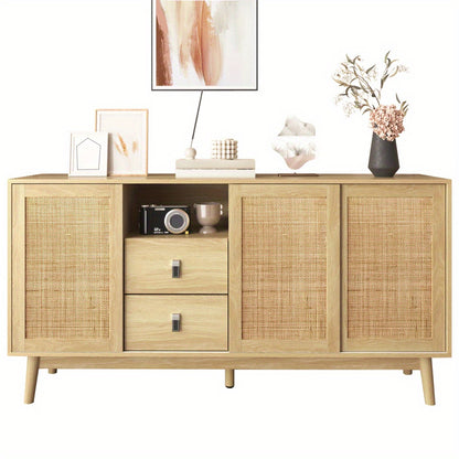 Dressoir – Sideboard – Opbergkast – Kast – Modern Meubel – 3 Schuifdeuren – 2 Lades – Natuurlijk Houtkleur – Ventilerende Rattan Deuren – Ruime Opbergruimte – Stevige Constructie – 155x38x80 cm
