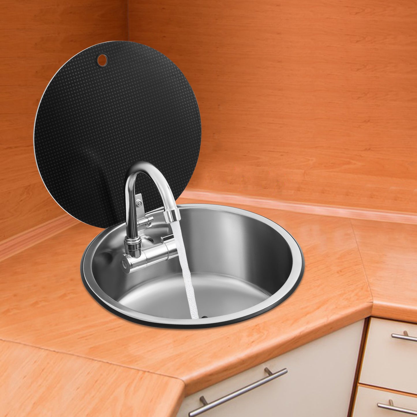 Spoelbak – Wasbak – Keukenspoelbak – Gootsteen – Inbouwspoelbak – RVS 304 Roestvrij Staal – Compact Rond 34 cm Met Inklapbare Kraan