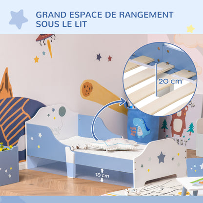 Kinderbed – Peuterbed – Vloerbed – Bed Voor Kinderen – Kinderbed Met Spijlenbodem – Laag Kindvriendelijk Bed – Sterrenprint Blauw Wit – 143x74 cm – Veilig En Duurzaam MDF